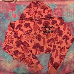 Assholes Live Forever - Pink Mushroom Graphic Cropped Hoodie